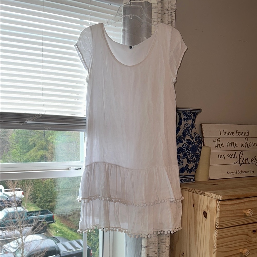 White Short Sleeve Dress with Pom Pom Trim